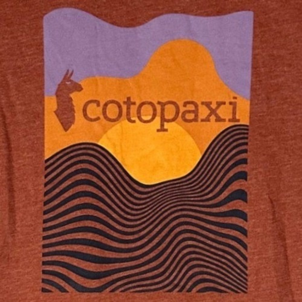 Cotopaxi Vibe Graphic Organic Cotton T-Shirt Sz XS Rust Brown Llama Logo Sunset - Picture 2 of 10